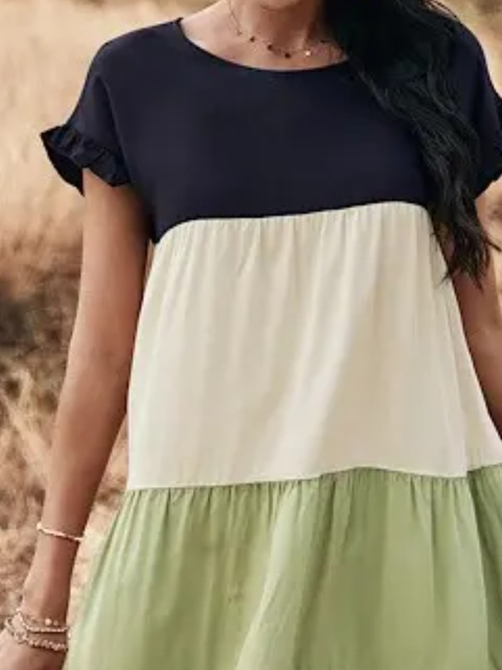 Three-Tier Colorblock Tunic Top - Black, Cream & Light Green
